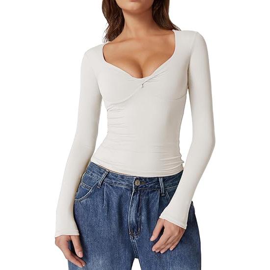 

European & American Women s V-Neck Pleated Long-Sleeve Pullover - Slim Fit Autumn Top - Milk Silk Fashion T-Shirt. Large білий