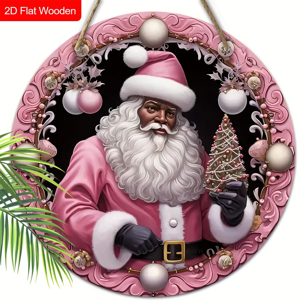 Pink Christmas Wooden Sign with Black Santa Claus Pattern - Navidad Round Sign for Yard Door Wall Hanging Decor - Ideal Christmas Decoration