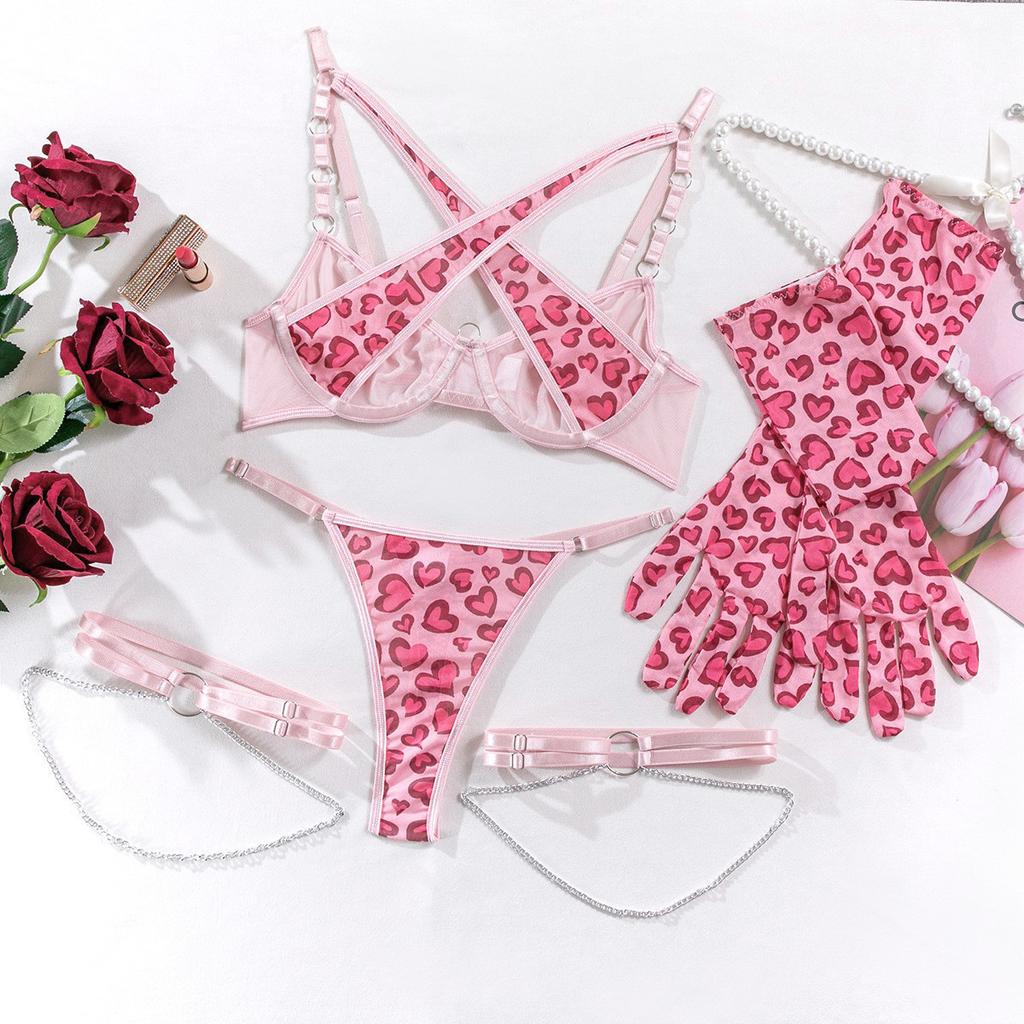 Sexy Lingerie Women's Ultra-thin Mesh Leopard Print Metal Chain with Gloves Leg Ring Four-piece Set