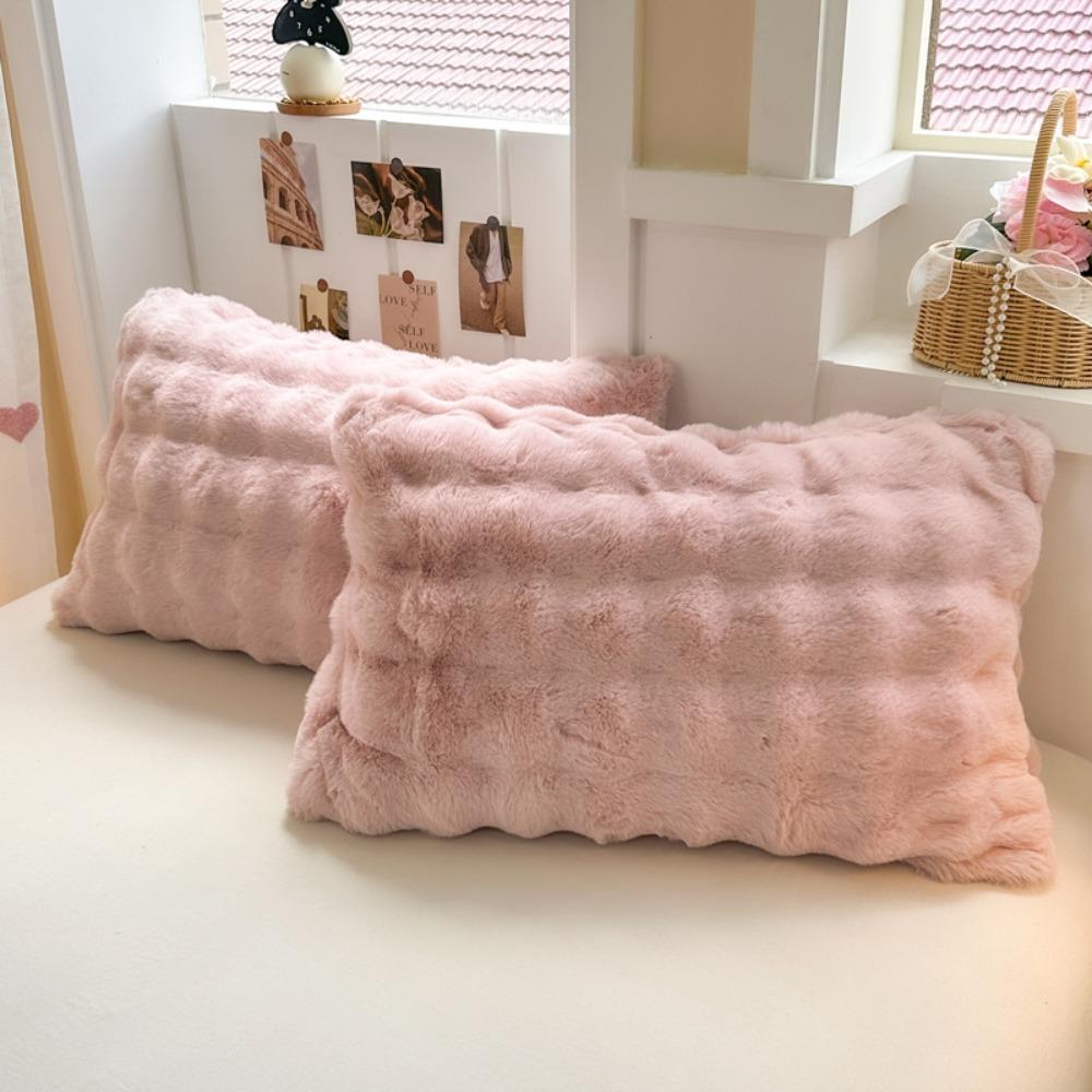 2pcs Warm Plush Fur Pillowcase Fluffy Pillow Cover Solid Color Sleep Pillowcase  Dormitory