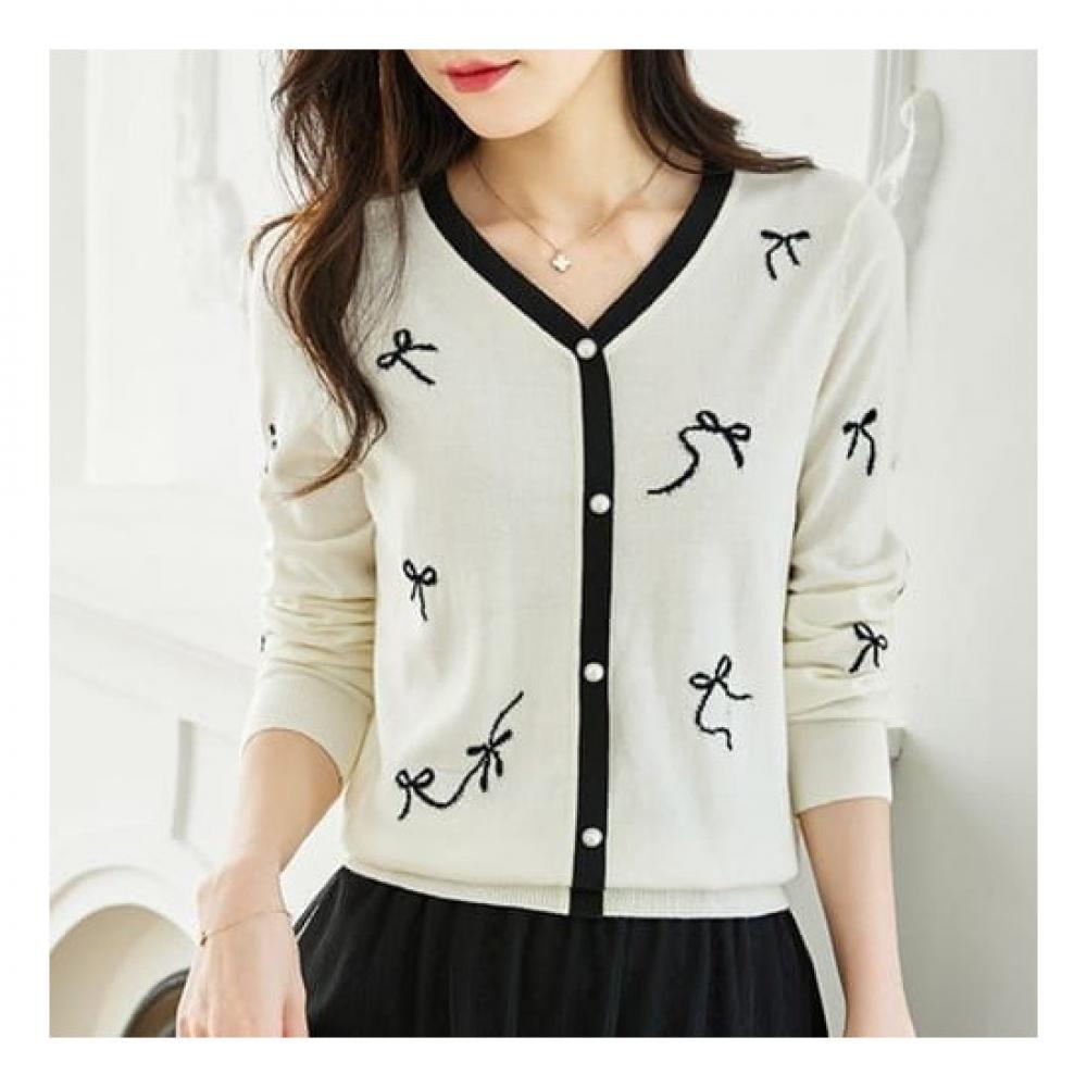 NaVaVa V Neck Ribbon Pattern Long sleeVe Knit Cardigan Nk1969