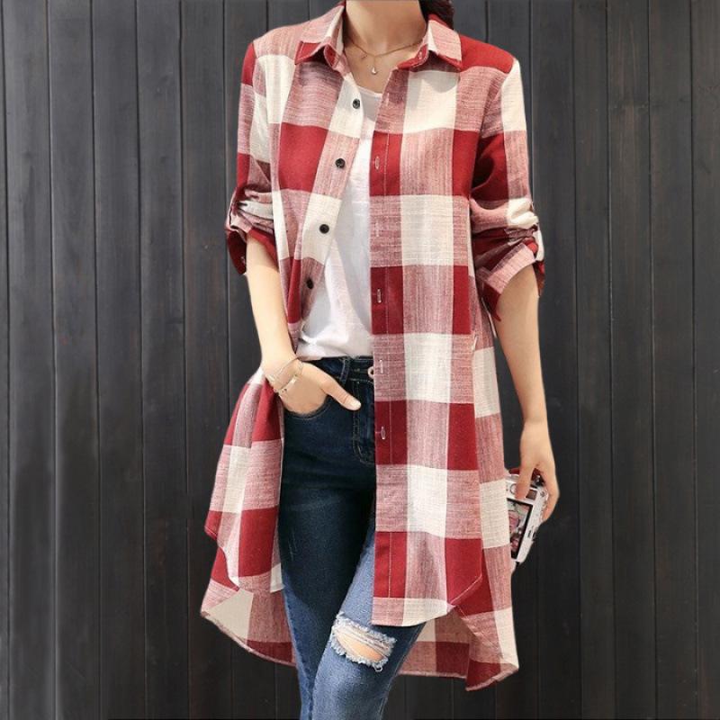 Women s Plaid Long Sleeve Sun Protection Shirt – Loose, Plus Size, Cotton Linen Jacket 2XL