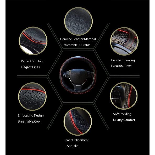 ESEWALAS Universal Car Steering Wheel Cover,Anti-Slip Leather Steering Wheel Cover,Sports Style Steering Wheel Protector,Car Interior Accessories