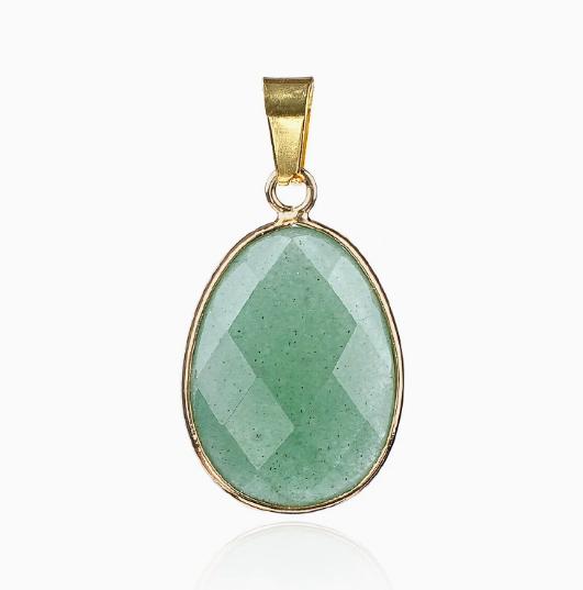 Natural Gemstone Drop Pendant Gold Edge Gemstone Faceted Oval Charm Semi-precious Crystal Necklace Pendant Amethyst Quartz Agate