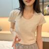 U-neck Gray Versatile Short-sleeved T-shirt Women's Summer New American Slim-fitting and Thin Half-sleeved Top Low-neck Front Shoulder Shirt