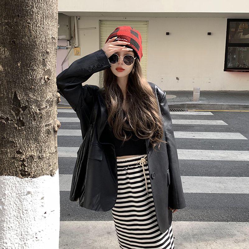 Jachetă elegantă din piele PU neagră pentru femei, jachetă de primăvară și toamnă, secțiune lungă, croială lejeră, stil stradal, jachetă