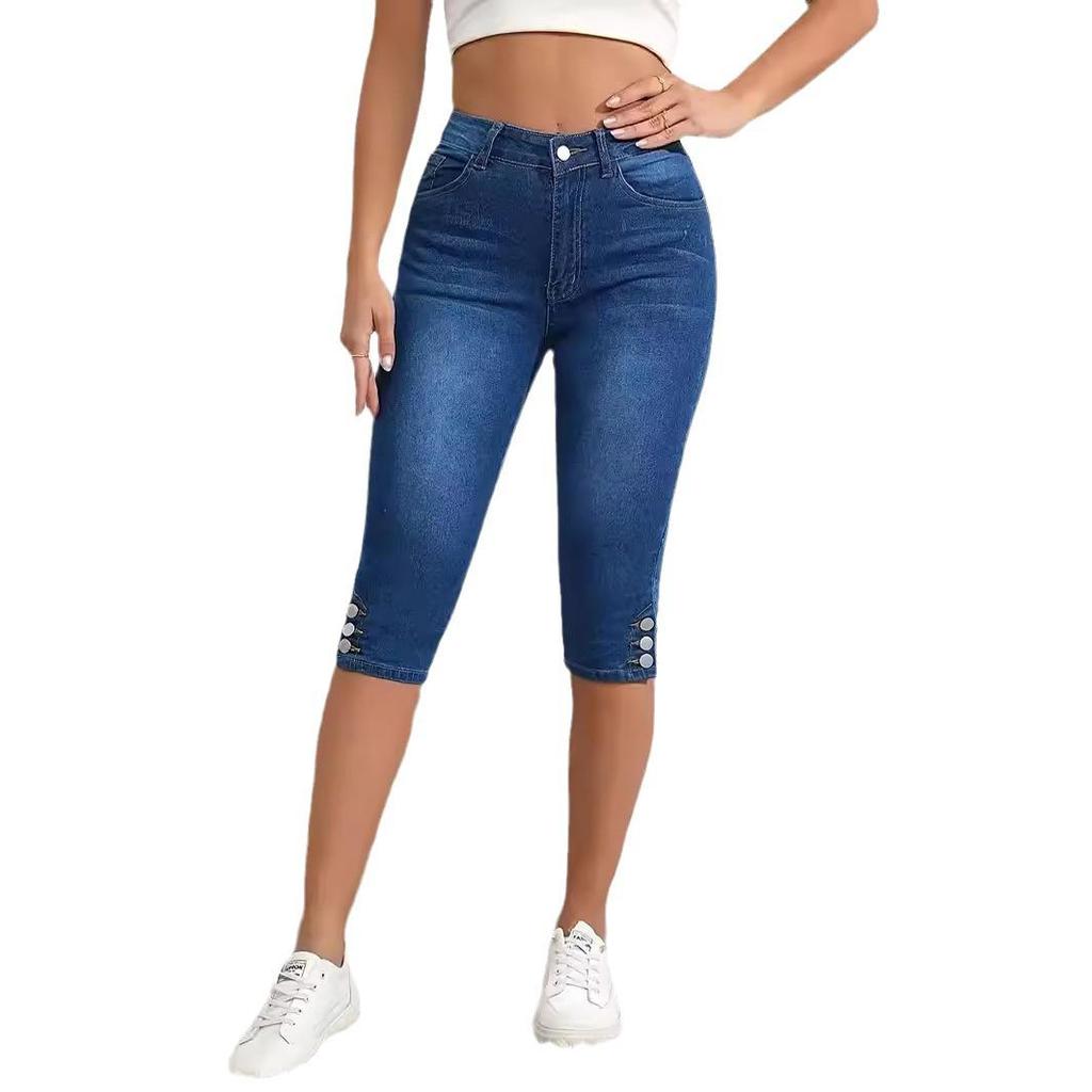 Women's Plus Size High Waist Stretch Skinny Jeans - Button-Up, Solid Color, Casual Summer Street Fashion Shorts