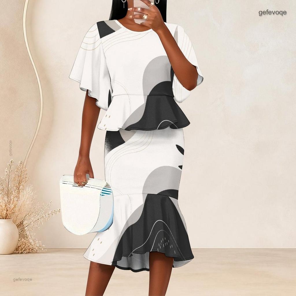 Women Plus Size Printed Round Neck Batwing Sleeve Ruffle Hem Top Fishtail Skirt Two Piece Set
