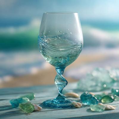 Oceaan Golf Wijnglas met Spiraalvormig Handvat Handgeblazen Zee Glas Koffiemok Mat Blauw Kleurverloop Glaswerk