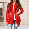 Women Plus Size Long Sleeve Open Front Red Printed Draped Collar Curved Hem Cardigan