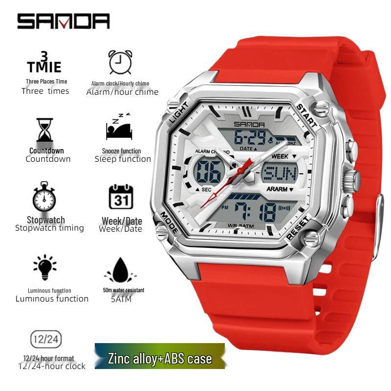 Sanda Men's Multi-Functional Sports Embossed Square Watch with Three-Zone Time and Alarm.
