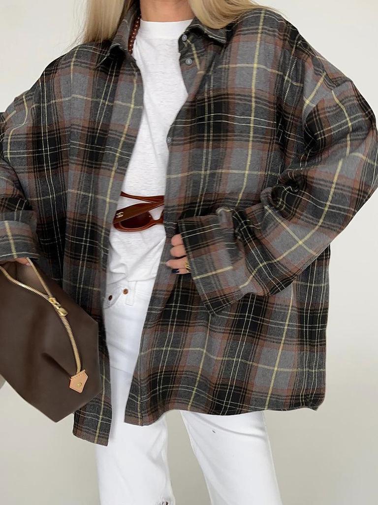 Vielseitige europäisch-amerikanische karierte Strickjacke mit Umlegekragen und langen Ärmeln für Frühling und Sommer