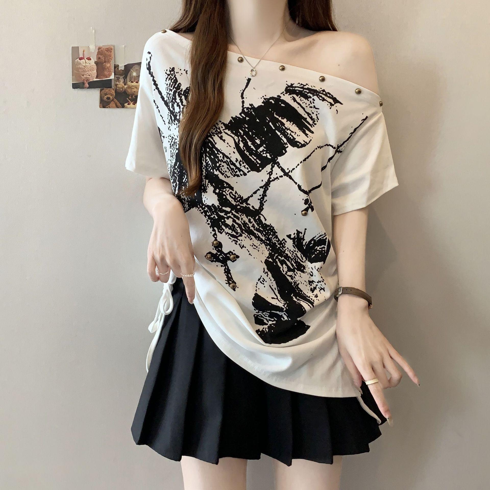 Women Off Shoulder Butterfly Print T Shirt Metal Studs Side Drawstring Ruched Loose Streetwear Top s