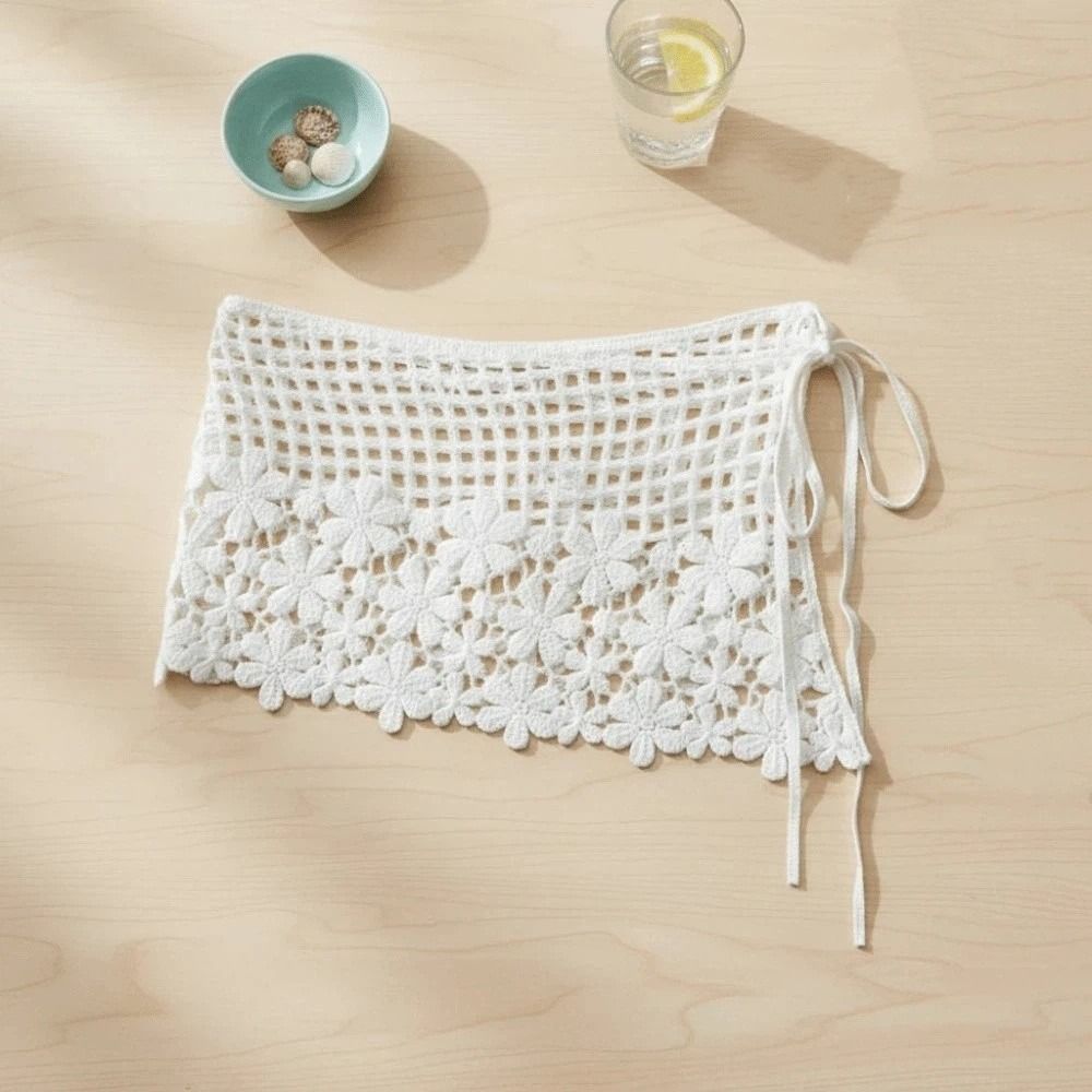 Embroidered Waistband Crochet Flower Butt Curtain Vintage Shawl Detachable Front Tie Women