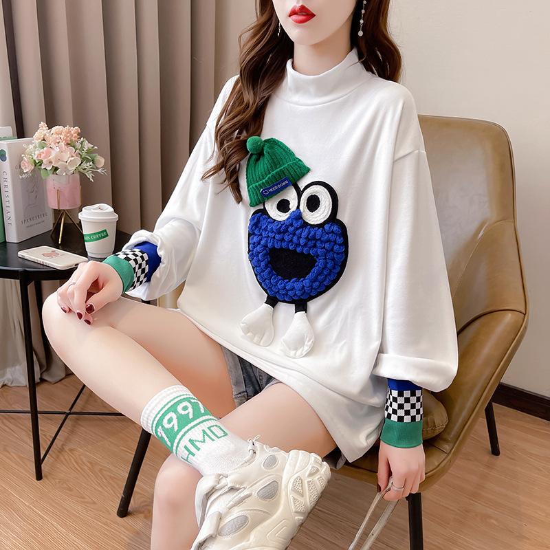 Spring Autumn O Neck Fashion Printing Striped Patchwork T-shirt Women Long Sleeve Loose Casual Bottomed Tee Top