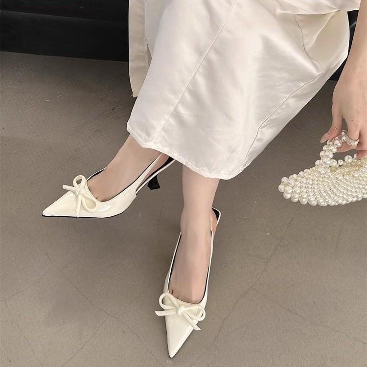 Bow High-heeled Sandals Women's Pointed Head Heightening Elegant Summer Women's Shoes Patent Leather Bag Head Sweet Stiletto High-heeled Sandals