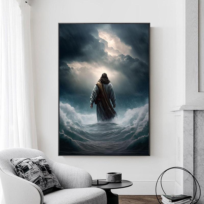 Jesus on Water Bild Canvastryck Väggreligiös konstaffisch Kristen biblisk målning för vardagsrum Heminredning Cuadros