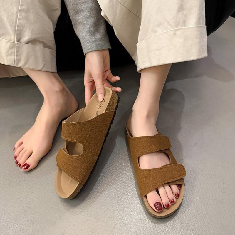 Fashion Summer New Style Flat Sandals Women Fashion Round Head Shallow Mouth Open Toe Cow Suede Set Foot Anti-slip Wear Slippers