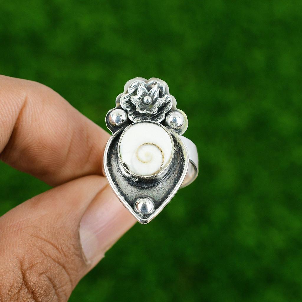 Natural Shiva Eye Shell 925 Silver Stackable Flower Adjustable Ring For Women