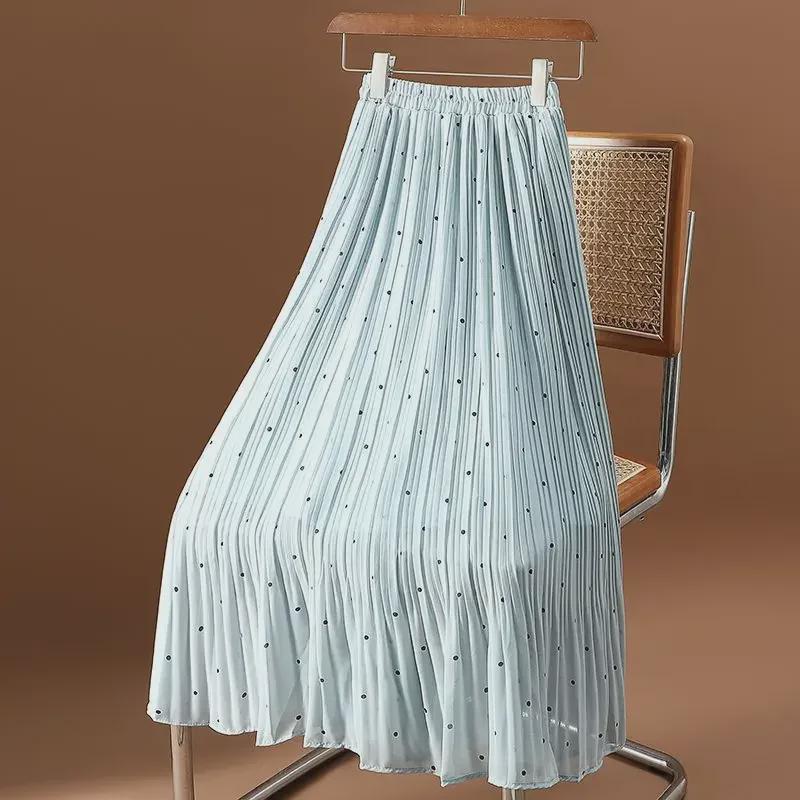 2025 Spring/Summer Women's High Waist Polka Dot Pleated A-Line Chiffon Midi Skirt