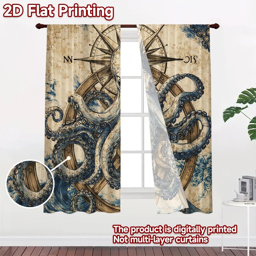 2D FLAT PRINTING 2pcs Curtains (Without Rod) Nautical Octopus Art Modern Curtains Machine Washable Fabric Curtains Gift Suitable