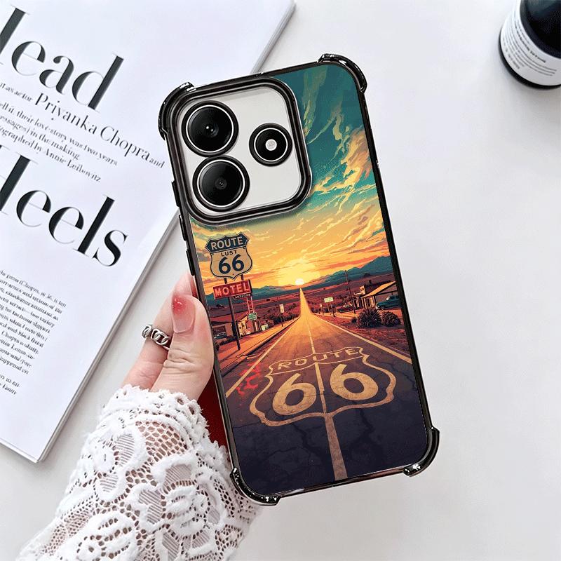 America Route 66 Plating Phone Case For Xiaomi Redmi Note 14 15 Pro Plus 13 12 11 11S 11T 10 9S 9 5G Anti-Fall Airabag Cover
