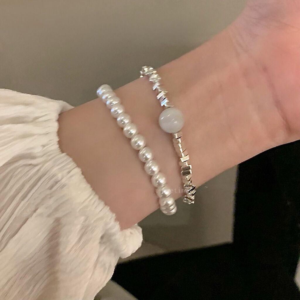 Broken Silver~ Moonstone Pearl Bracelet Women'S Light Luxury Niche Exquisite Bracelet Cold Wind Girlfriend Jewelry