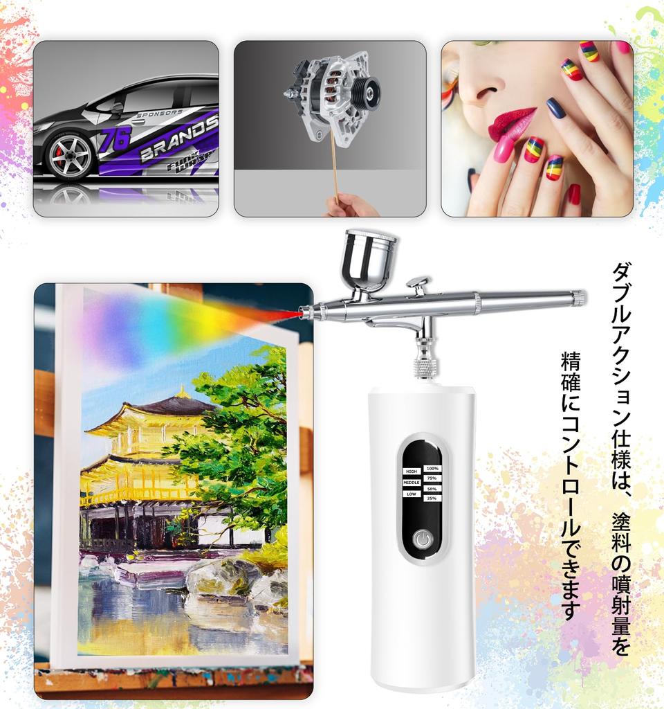Fascinated Rechargeable Airbrush with Battery Level Visualizer, Dual Action, Three Adjustable Pressure Modes (High, Medium, Low), 0.3mm Diameter, for