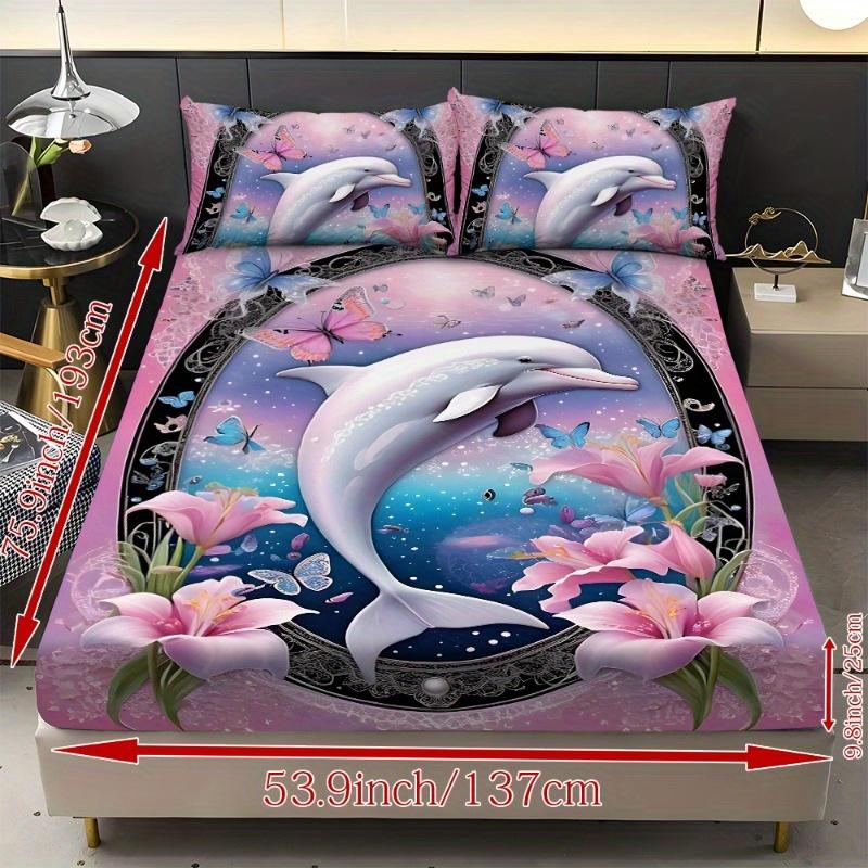 3Pcs Flower Dolphin Patterned Mattress Protective Cover (1 * Bed Sheet + 2 * Pillowcases) Skin-Friendly  for Home  Four Seasons