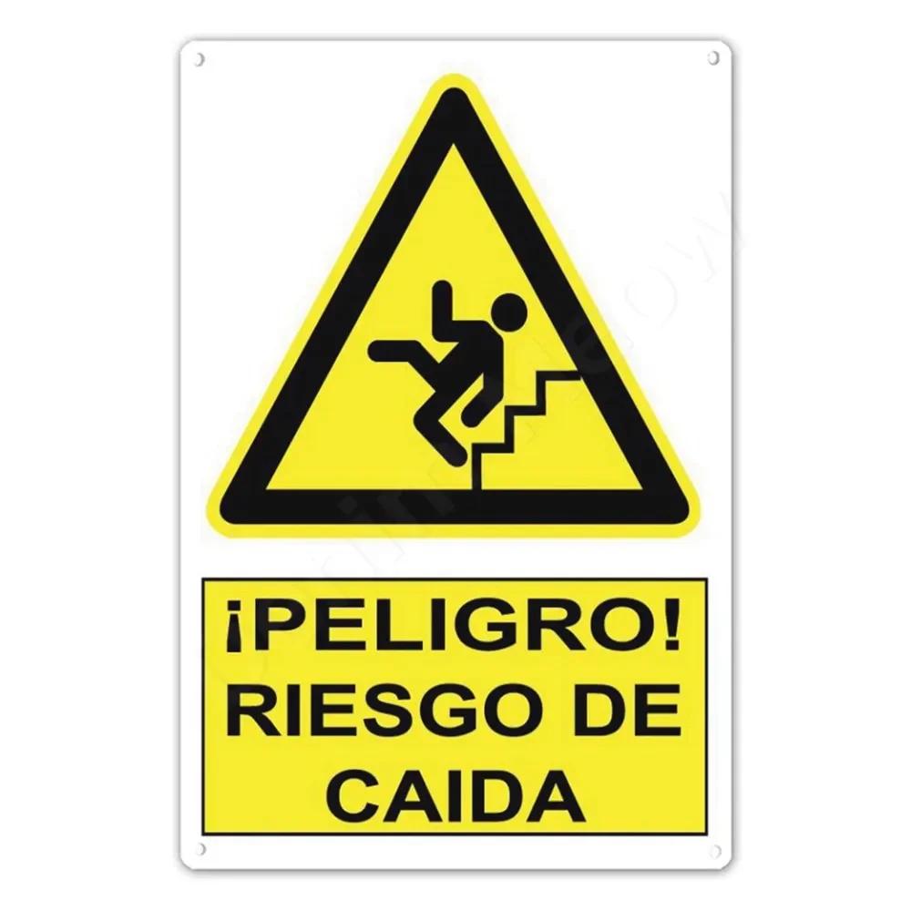 Spanish Warning Sign Danger Metal Sign for Street Yard Bar Workshop Decor Yellow Waterproof Caution Signs Outdoor Indoor