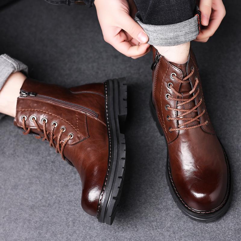 High Top Men'S Lace-Up Shoes Classic Winter Men'S Ankle Boots Version Casual Shoes Fashion Male Leather Motorcycle Boots Botas
