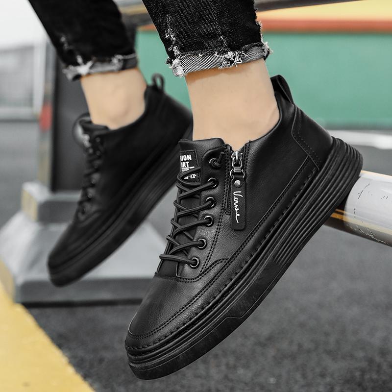 Fashionable zippered leather shoes, comfortable sports shoes, one foot high top leather casual flat ankle boots, men's shoes