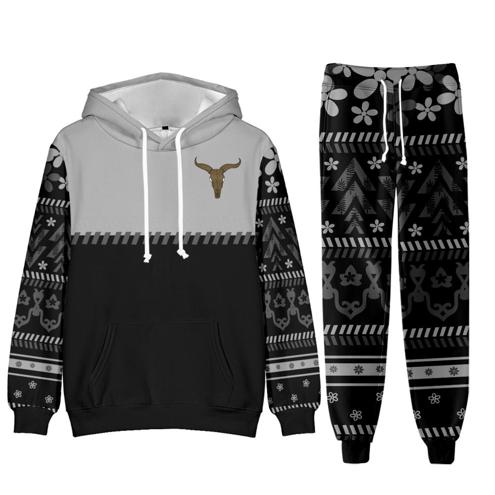 

Vintage Western Print Pocket Tracksuit Set Long Sleeve Hoodie+Drawstring Trousers Men Women Two Pieces Matching Suits