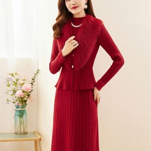 Two-piece Knitted Dress Set for Women Solid Color Long-sleeved Sweater Casual Pullover Warm Pullover Dress Knitwear