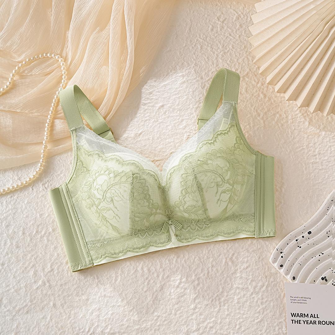 

Non-magnetic steel rim bra, light and thin, large breasts, small lace bra, four-breasted breast adjustment type, large size. 44/100CD зелений