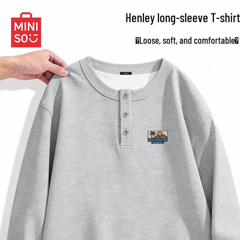 MINISO Men s Casual Henry Collar Long Sleeve T-shirt 3XL