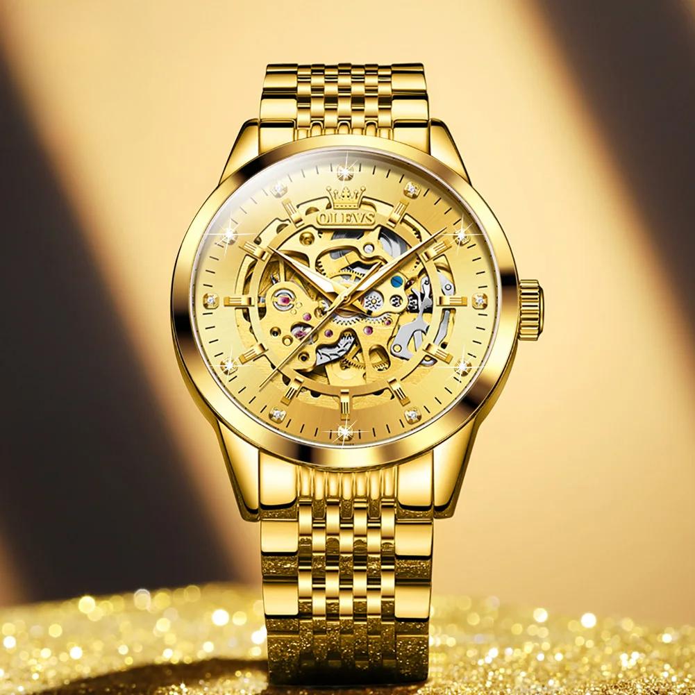 OLEVS 9920 Luxus Herrenuhren Golden Hollow DIal Automatische mechanische Armbanduhr wasserdichte leuchtende Uhr für Herrenmode