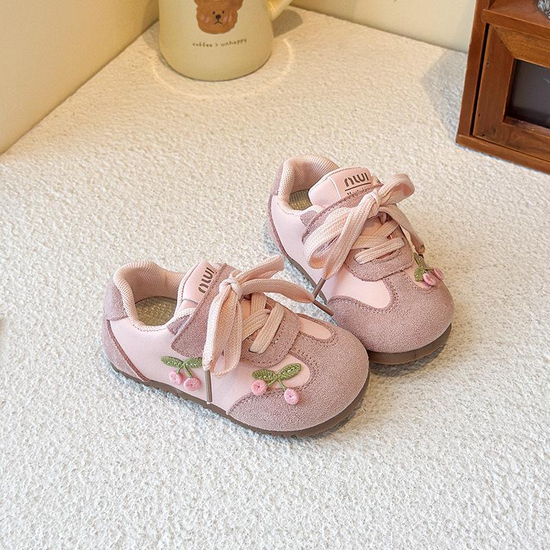 Girls' Spring/Autumn 2025 Cherry Embroidered Sneakers - Soft, Non-slip Casual Shoes