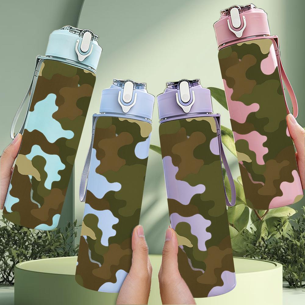 1PC White Green Camouflage Texture 750ml Color Plastic Sports Water Bottle Leakproof Flip Straw Lid For Sports Office Home Use