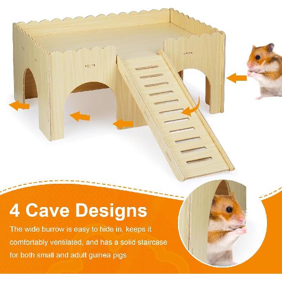 Large Guinea Pig Hideout, Upgraded Wooden Guinea Pig Castle with Guinea Pig Ramp, Easy To Assemble Guinea Pig House for Small Animal House Habitat or