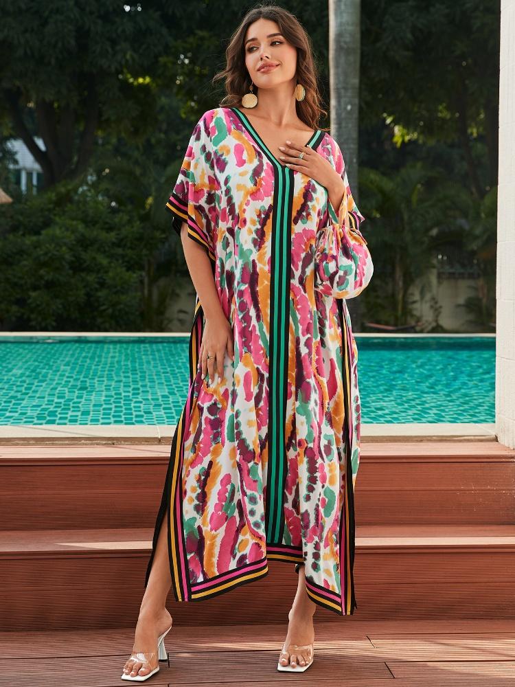 EDOLYNSA Plus Size Kaftan With Bag Bohemian Printed Summer Long Beach Dress Women Homewear Outfit Swim Suit Cover Up Loose Caftan