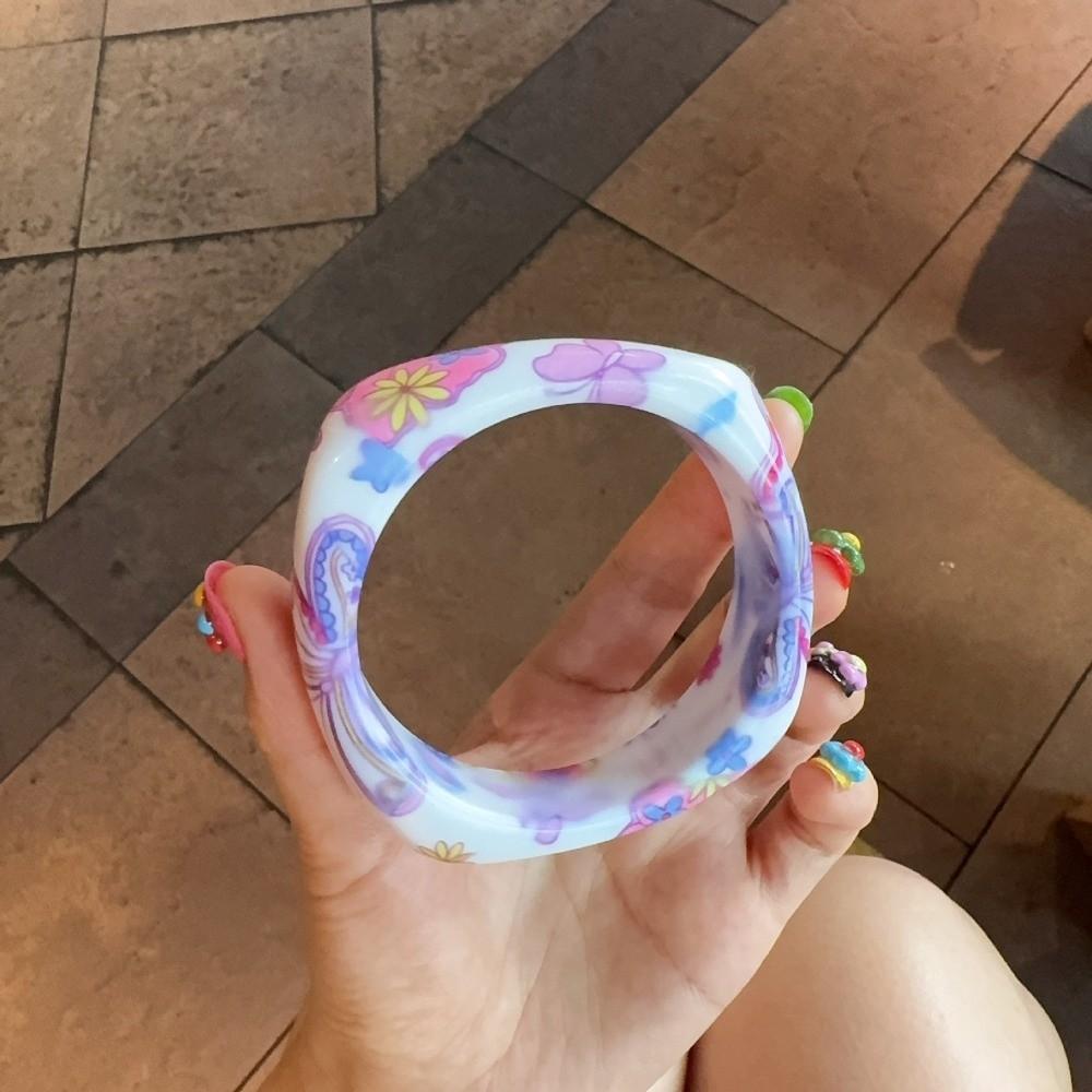 Bohemian Vintage Floral Resin Bangle Minority Design Flower Print Square Chunky Bangle Decoration