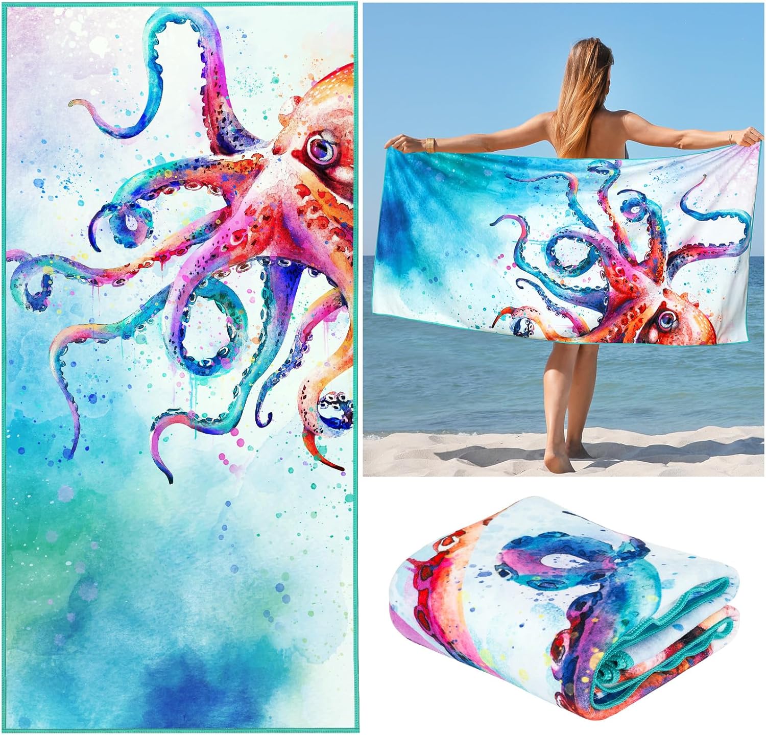 

Ombre Blue Mermaid Beach Towel, Ocean Theme Cotton Blend Absorbent Bath Towel for Kids Teens Men Women Pool and Travel W40*H60(CM)