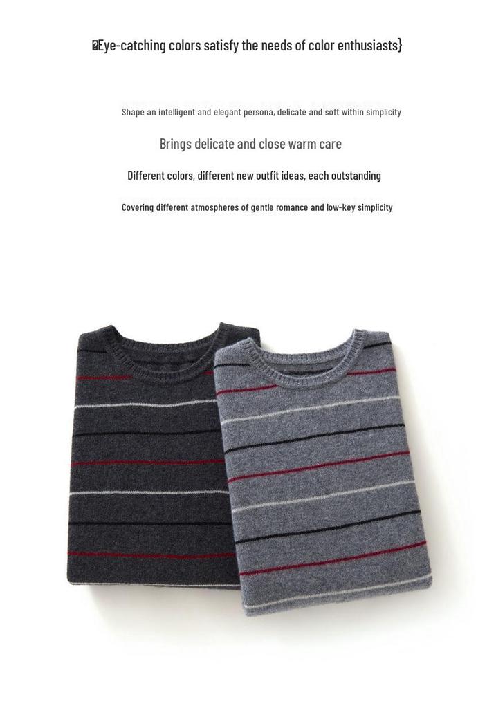 100% Cashmere Women's Color Block Stripe Round Neck Sweater - Autumn/Winter Loose Fit Retro Knitwear Top