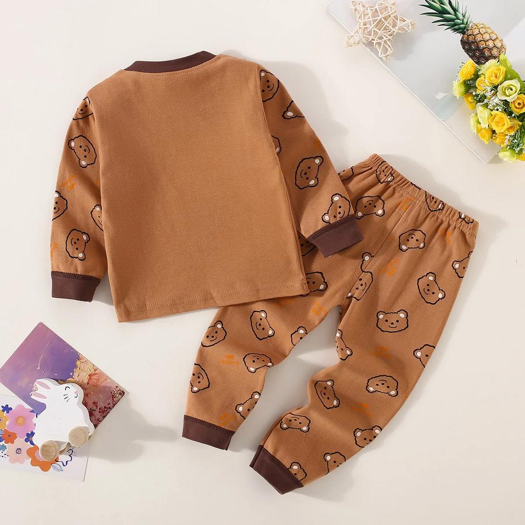 Toddler Boys Underwear Set Cotton Lettering And Bear Pattern Long Sleeve Top And Matching Pants Pajama Set