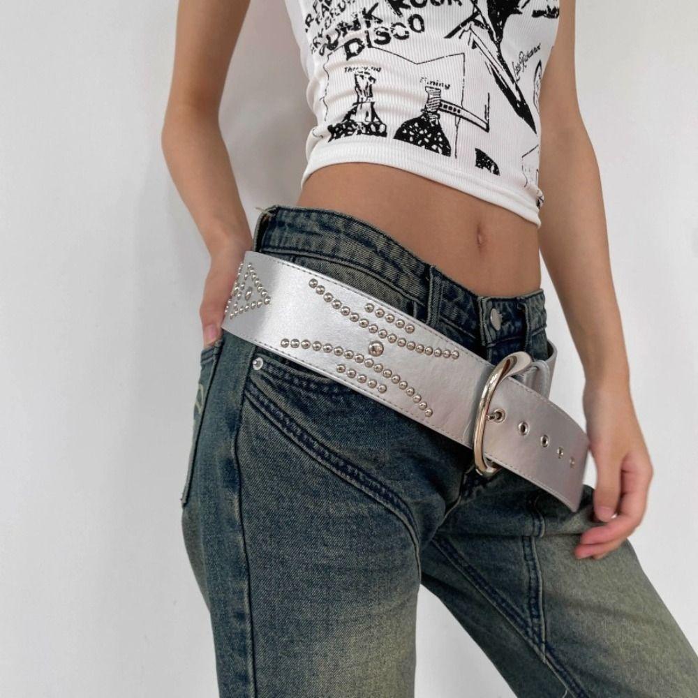 Y2K Wide Belt Silver PU Leather Waistbands Vintage Rivet Waist Belt  Jeans