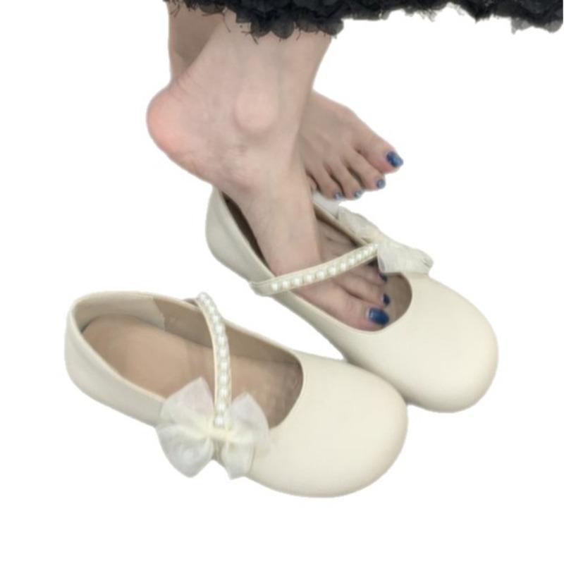 Fashion Hot Selling 2025 Spring New Lace Versatile Bow Flat Bottom Mary Sandal Women's Single Shoe Pearl One Step Soft Bottom with Skirt