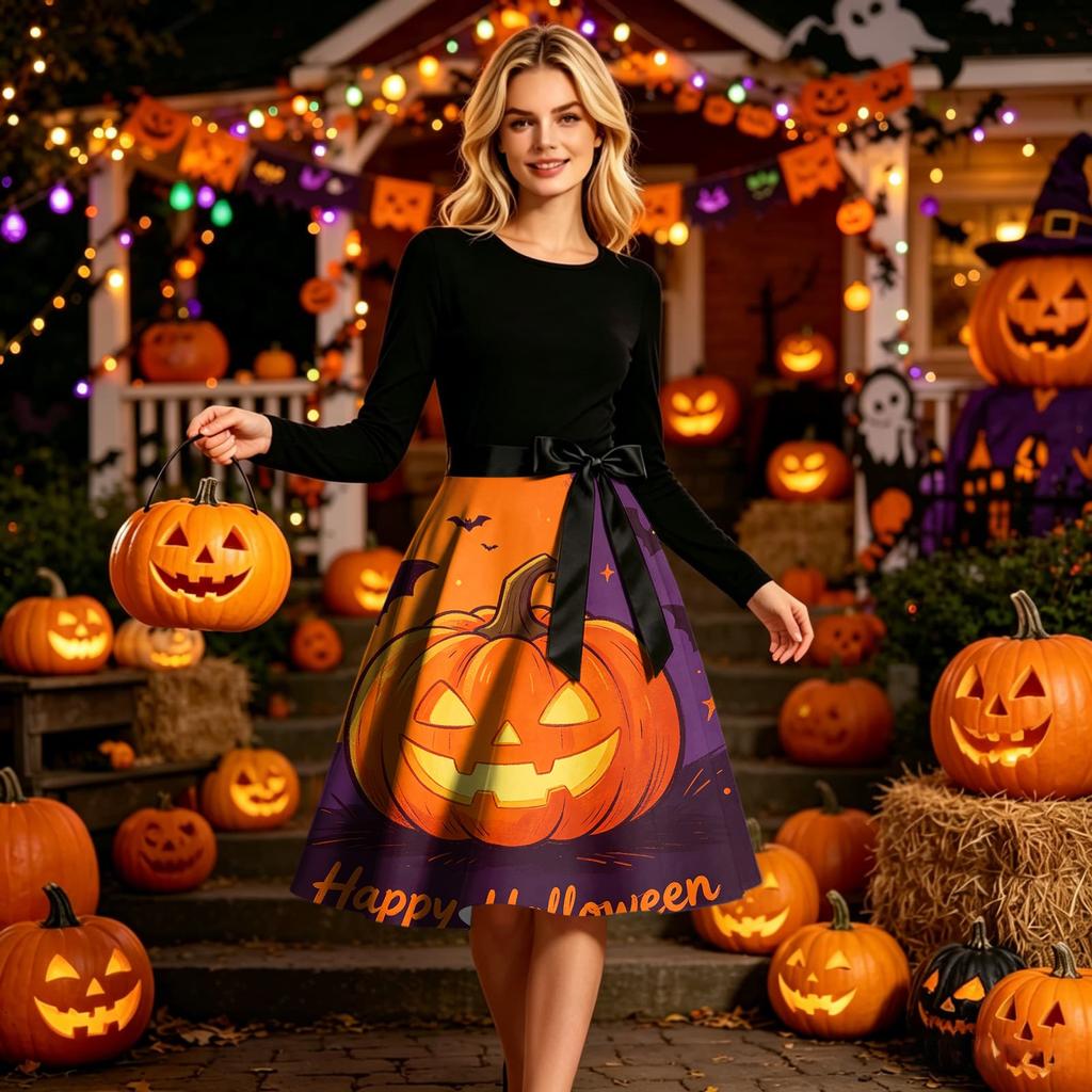 Women's Round Neck Halloween Print Long Sleeve Dress Casual Fall Party Outfit