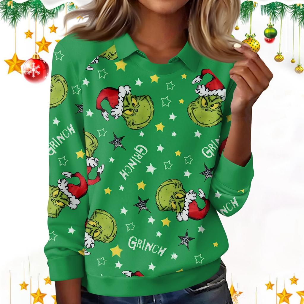 Women's Fashion Christmas Print Lapel Long Sleeve Casual Crewneck T-Shirt Top