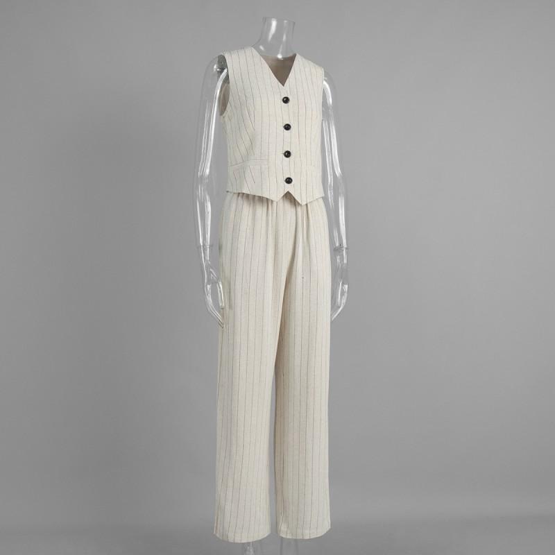 Womens Striped Vest Pants Set 2026 Casual Two-Piece Outfit Linen Viscose Blend
